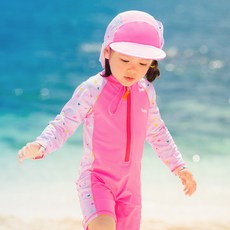 bay-b 女童粉紅Joy防曬泳衣連身褲 + 防曬帽套組