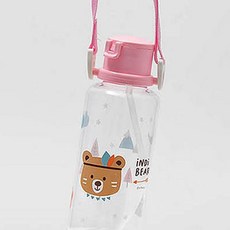 iNDi BEAR 小熊印花吸管水壺+背帶, 粉色, 380ml