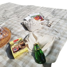 防水方格亞麻野餐墊+網格提袋, 米色格子