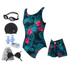 아쿠아티카 여성용 원피스 치마바지 수영복 AQA14CV + 일반용 수경 6종 세트