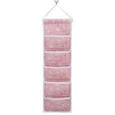 MARKET A 린넨 벽걸이 수납 포켓 핑크 고양이 세로 5단, 핑크고양이