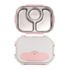 不鏽鋼3格餐盤便當盒組, 粉色, 便當蓋+便當盒