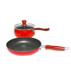 素色鍋具 2件組, 紅色的, 平底鍋20cm+單柄湯鍋18cm+鍋蓋 2入