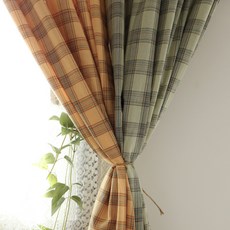 mariangel 復古果凍遮蔽棉質窗簾 穿桿式, 低飽和薄荷綠格紋
