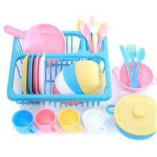 PLAYMAX 廚房餐具28件 + 餐具瀝水架 扮家家酒遊戲組, A款(廚房餐具28件), 藍色(餐具瀝水架), 1套