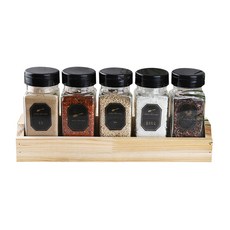 金標方形玻璃調味罐套組, 1套, 調味瓶5個 + One-Cap黑色蓋子5個 + 1層斜角收納架 + 貼紙