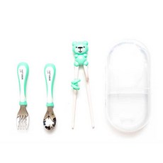 BeBe LAPIN 湯匙叉子學習筷組+收納盒, 薄荷綠, 1組