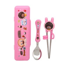 Okiz 吐司先生髮廊印花孩童湯匙+學習筷+收納盒組 巧巧款 PN299, 巧巧款(PN299), 1組