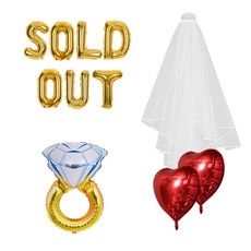 Joyparty 玫瑰金SOLD OUT字母氣球+鑽石戒指氣球+愛心氣球 2入+新娘頭紗+雙面膠片組, 混色, 1套