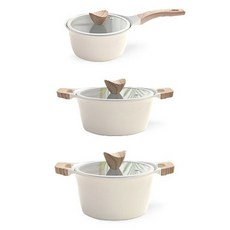 LIVING HAPPY 3種陶瓷鍋具, 米白色 原木色, 單把(18cm)+雙把(20cm)+雙把(24cm)