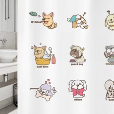 9種可愛小狗圖案浴簾 1800*1880mm+不鏽鋼掛鉤 12入+白色掛桿組合, 1套
