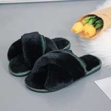 크로스 스트링 포인트 부드러운 보들보들 슬리퍼, Black, 1개