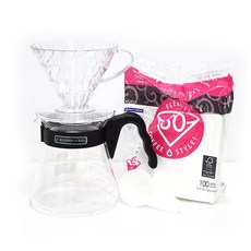 하리오 V60 블랙 VCS 유리 드립세트 3~4인, 커피서버 + 드리퍼 + 화이트여과지 + 계량스푼, 700ml, 1세트