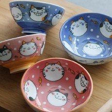 OBANZAI Reverse Neko Air 款待套組 2 人, 杏色，天藍色, 2種飯碗+2種湯