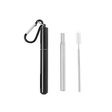 長度可調3段折疊便攜不銹鋼吸管黑色23cm+登山扣+矽膠保護帽套組, 3支, 1組