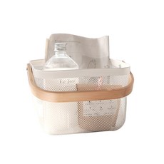 LIVING HAPPY 木柄鐵網收納籃, 木+白