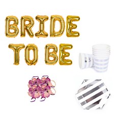 告別單身派對道具組合包 BRIDE TO BE 氣球 金色 + 花朵手環 迷你玫瑰 紫色 4入 + 透明餐具, 混合色, 1套