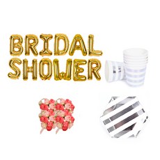新娘派對道具組合 BRIDAL SHOWER 氣球 金色 + 花朵手環 迷你玫瑰 粉紅色 4入 + 透明餐具, 混合色, 1套