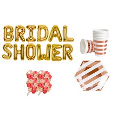 브라이덜샤워 소품 패키지 BRIDAL SHOWER 풍선 골드 + 꽃팔찌 미니로즈 핑크 4p + 테이블웨어 로즈골드, 혼합색상, 1세트