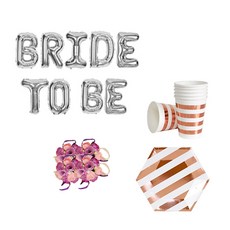 婚前派對道具套組 BRIDE TO BE 氣球 銀色 + 花朵手環 迷你玫瑰 紫色 4入 + 餐具 玫瑰金, 混合顏色, 1套