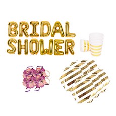 新娘派對道具組合 BRIDAL SHOWER 氣球 金色 + 花朵手環 迷你玫瑰 紫色 4入 + 大理石紋餐具, 混合色, 1套