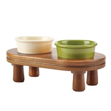 Fesyan寵物用餐組, 棕色木頭+象牙白+橄欖綠, 1組