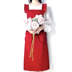 MYWONY 一件式荷葉邊長版圍裙 + 頭巾, 紅色