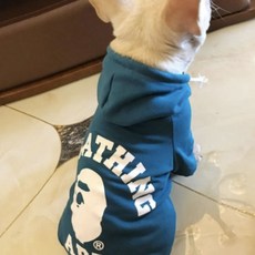 韓文字印花狗狗連帽長袖衛衣, 藍色