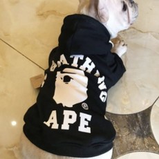 韓文字印花狗狗連帽長袖衛衣, 黑色的