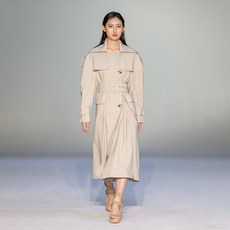 쿠만YHJ 여성용 통기성 아이보리 페이크 린넨 스트럭쳐 벨트 트렌치코트