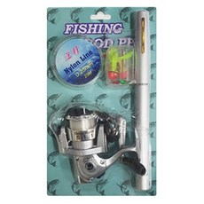 Don Quixote 釣魚筆式魚竿+卷線器+魚線+誘餌套組, 銀