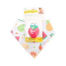 SiLLi CHeWS 希莉 水果印花圍兜+造型固齒器, 無奶嘴(3個月以上), 草莓款, 1組