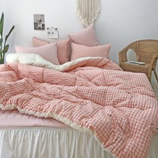 Nubile Gingham格紋棉質四季用薄被, 粉色