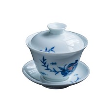 Kyungdeukjin青花石榴蓋碗茶杯+茶杯蓋+茶杯托, 1套, 藍+白+紅