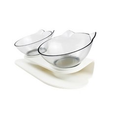 더블 보울 반려동물 밥 물 식기, 투명 + 흰색, 1개