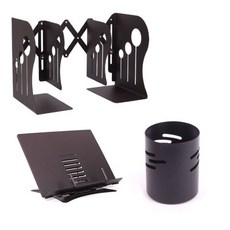 ASKOREA 學院辦公用品歐式超薄書架+動感書架+圓形鋼筆筒套組, 棕色（閱讀桌、書架）、黑色（筆筒）, 1套