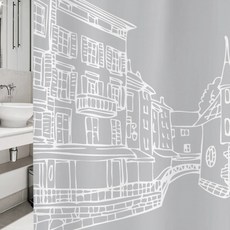 建築圖案浴簾 sc64 L號 1800*1880mm+塑膠掛鉤 12入+窗簾桿組 白色, 1套