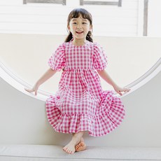 Lala Amang 女童款格紋泡泡袖連身裙+頭巾
