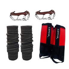 Expeak Snowedge 冰爪 + 雪套 + 保暖腿套套組, 棕色(冰爪), 紅色(雪套), 隨機出貨(保暖腿套)