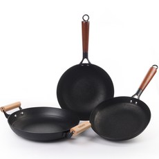 JISPERO IH感應木質單柄鑄鐵不沾平底煎鍋組 3入, 單柄深炒鍋 24cm+單柄煎鍋 24cm+雙耳煎鍋 28cm, 黑色