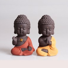 彩色紫砂佛像2件組, 磚色和尚, 黃色和尚