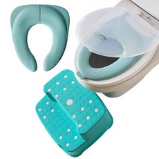 孩童成人兩用馬桶坐墊+可攜式嬰兒馬桶坐墊+腳踏凳, 透明+薄荷綠