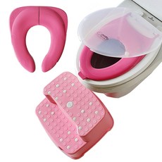 孩童成人兩用馬桶坐墊+可攜式嬰兒馬桶坐墊+腳踏凳, 透明+粉色