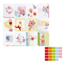 From&To 祝賀感謝新年花卉卡片 12款 x 2張 + 信封 24個 套組 T75054, 混合顏色(卡片), 隨機出貨(信封), 1套