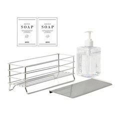 Royal 304不鏽鋼清潔劑菜瓜布架 寬版 + 瀝水盤 + 補充瓶 + 2款貼紙組, 銀色(菜瓜布架), 1套