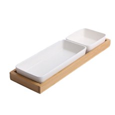 PUKO 木質托盤一字形碗碟組 白色, 2套