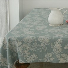 維多利亞風花朵亞麻桌布, 薄荷綠, 長方形6人座(130 x 210 cm)