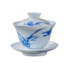 京德珍青花蘭草蓋碗傳統茶杯, 藍色 + 白色, 1個
