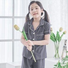 DOSSY 女童絲綢觸感短袖立領睡衣上下套裝
