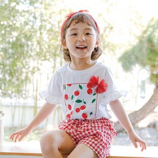 Lala Amang 女童款蝴蝶結櫻桃印花荷葉邊短袖T恤
